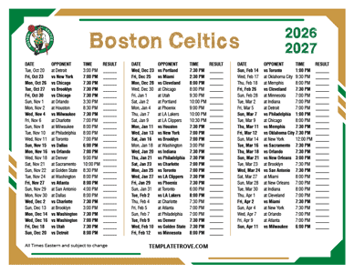 Boston Celtics 2026-27 Printable Schedule