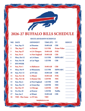 Buffalo Bills 2026-27
Printable Schedule - Pacific Times