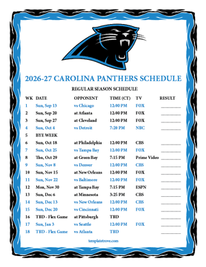 Carolina Panthers 2026-27
Printable Schedule - Central Times
