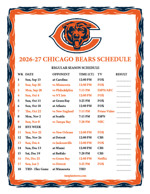 Chicago Bears 2026-27
 Printable Schedule - Central Times