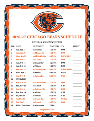 Chicago Bears 2026-27
 Printable Schedule