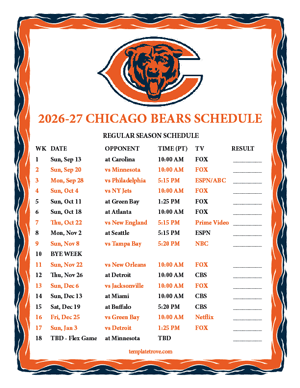 Chicago Bears 2026-27
 Printable Schedule - Pacific Times