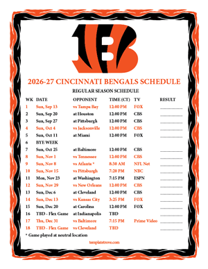 Cincinnati Bengals 2026-27
 Printable Schedule - Central Times