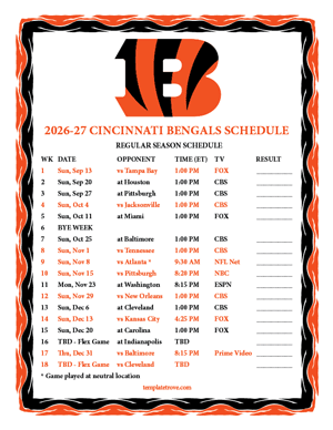 Cincinnati Bengals 2026-27
 Printable Schedule