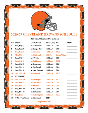 Cleveland Browns 2026-27
 Printable Schedule - Mountain Times