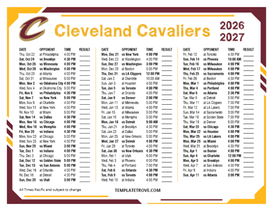 Cleveland Cavaliers 2026-27 Printable Schedule - Pacific Times
