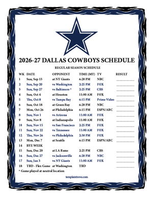 Dallas Cowboys 2026-27
 Printable Schedule - Mountain Times