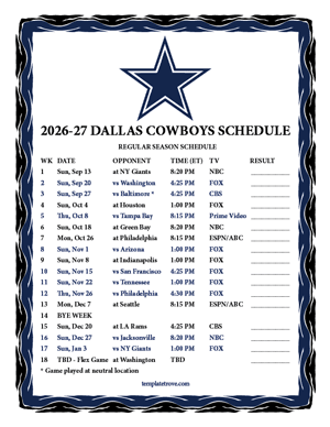 Dallas Cowboys 2026-27
 Printable Schedule