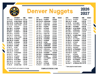 Denver Nuggets 2026-27 Printable Schedule - Pacific Times