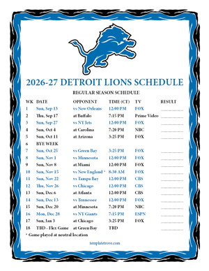 Detroit Lions 2026-27
Printable Schedule - Central Times