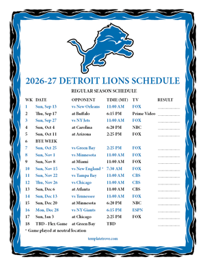 Detroit Lions 2026-27
Printable Schedule - Mountain Times