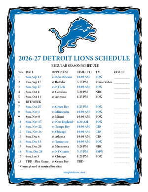 Detroit Lions 2026-27
Printable Schedule - Pacific Times