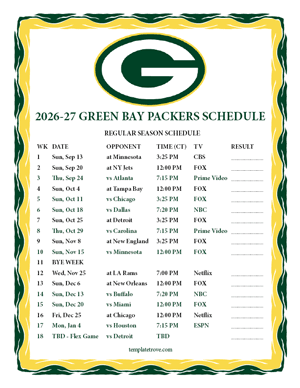 Green Bay Packers 2026-27
Printable Schedule - Central Times