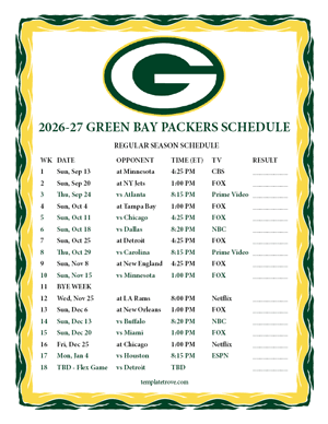 Green Bay Packers 2026-27
Printable Schedule