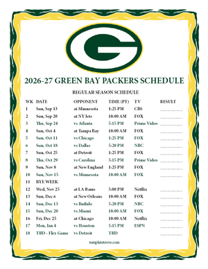 Green Bay Packers 2026-27
Printable Schedule - Pacific Times