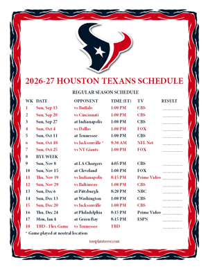 Houston Texans 2026-27
Printable Schedule