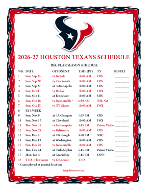 Houston Texans 2026-27
Printable Schedule - Pacific Times