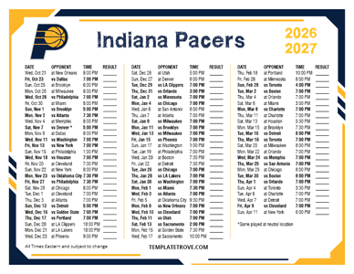 Indiana Pacers 2026-27 Printable Schedule