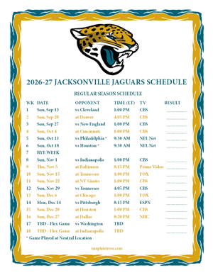 Jacksonville Jaguars 2026-27
 Printable Schedule