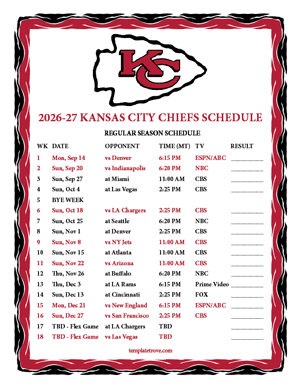 Kansas City Chiefs 2026-27
 Printable Schedule - Mountain Times