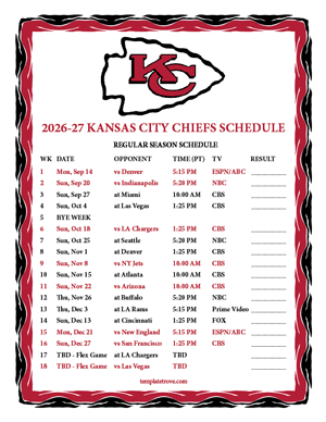 Kansas City Chiefs 2026-27
 Printable Schedule - Pacific Times