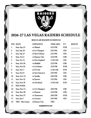 Las Vegas Raiders 2026-27
 Printable Schedule - Mountain Times