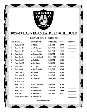 Las Vegas Raiders 2026-27
 Printable Schedule - Pacific Times