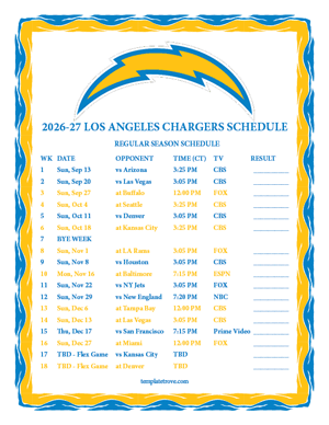 Los Angeles Chargers 2026-27
Printable Schedule - Central Times