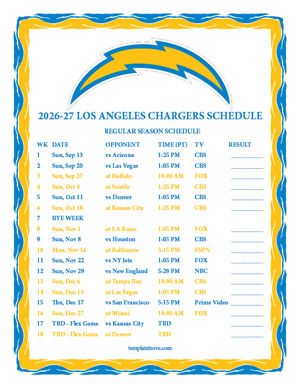 Los Angeles Chargers 2026-27
Printable Schedule - Pacific Times