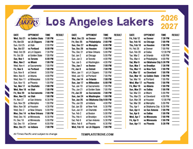 Los Angeles Lakers 2026-27 Printable Schedule - Pacific Times