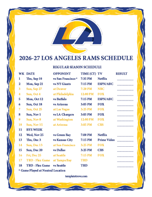 Los Angeles Rams 2026-27
 Printable Schedule - Central Times