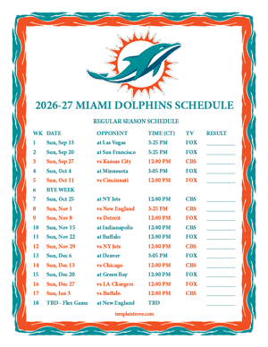 Miami Dolphins 2026-27
Printable Schedule - Central Times
