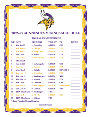 Minnesota Vikings 2026-27
Printable Schedule