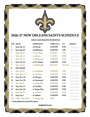 New Orleans Saints 2026-27
Printable Schedule - Central Times