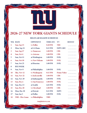 New York Giants 2026-27
 Printable Schedule