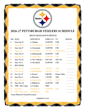 Pittsburgh Steelers 2026-27
 Printable Schedule - Central Times