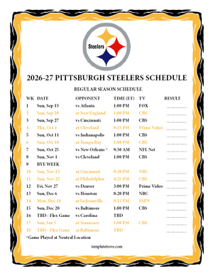 Pittsburgh Steelers 2026-27
 Printable Schedule