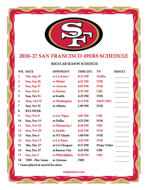 San Francisco 49ers 2026-27
Printable Schedule