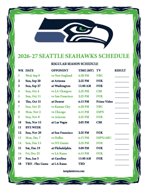 Seattle Seahawks 2026-27
Printable Schedule - Mountain Times
