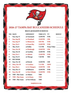 Tampa Bay Buccaneers 2026-27
Printable Schedule - Central Times