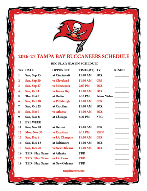 Tampa Bay Buccaneers 2026-27
Printable Schedule - Mountain Times