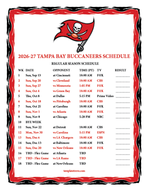 Tampa Bay Buccaneers 2026-27
Printable Schedule - Pacific Times