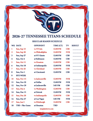 Tennessee Titans 2026-27
Printable Schedule - Central Times