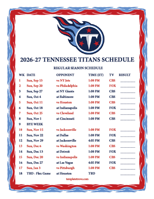 Tennessee Titans 2026-27
Printable Schedule