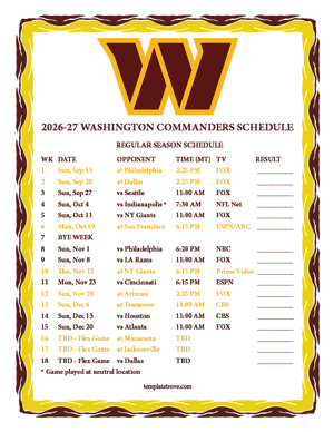 Washington Commanders 2026-27
Printable Schedule - Mountain Times
