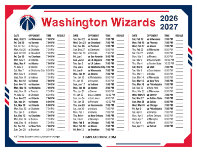 Washington Wizards 2026-27 Printable Schedule