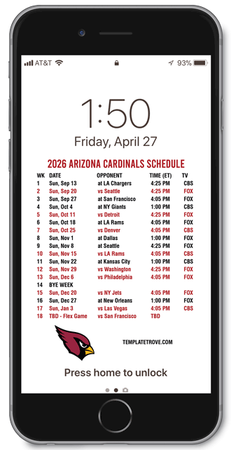 2026 Arizona Cardinals Lock Screen Schedule