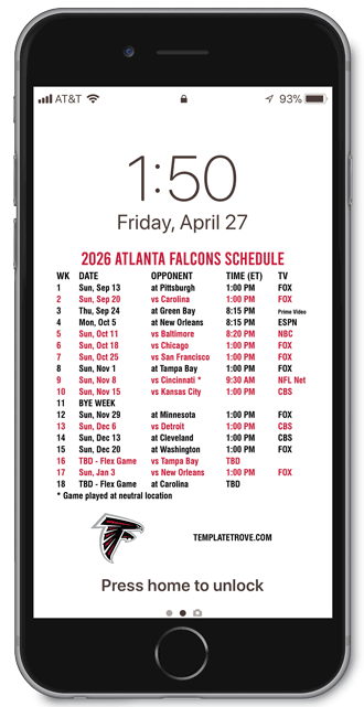 2026 Atlanta Falcons Lock Screen Schedule