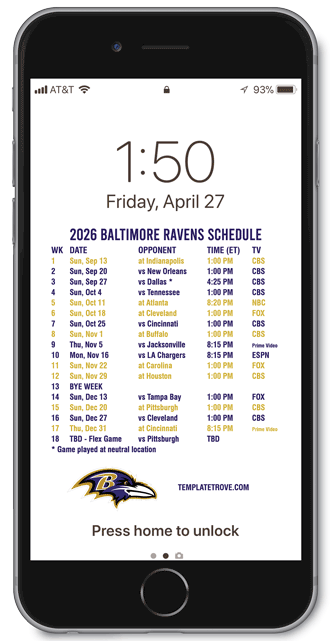 2026 Baltimore Ravens Lock Screen Schedule