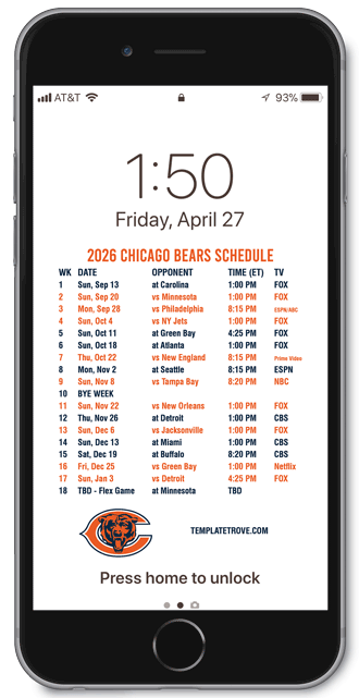 2026 Chicago Bears Lock Screen Schedule